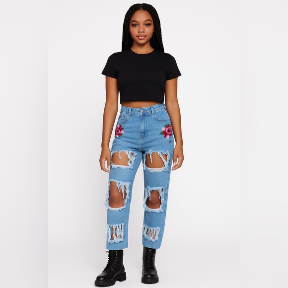 High-Waisted Distressed Rose Patch Jeans for Women – Trendy Shredded Denim - Picture 5 of 8